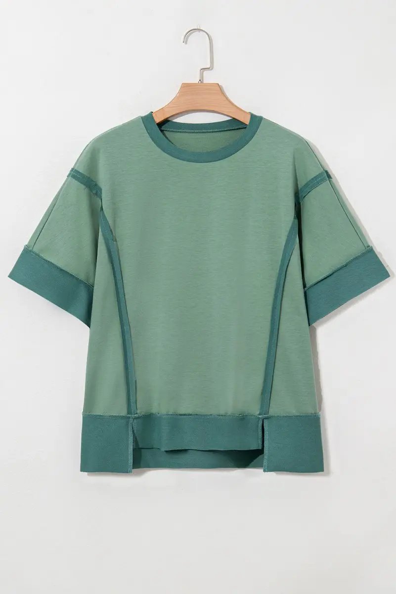 Smoke Green Half Sleeve Raw Seam High Low Side Split Top - Love Salve